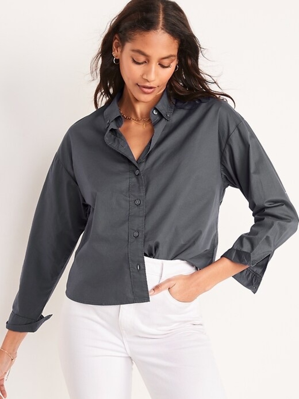 Old Navy Black The Boyfriend Button-Up Shirt Size Medium